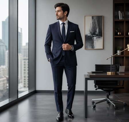 Modern executive fashion showcasing a navy blue suit in a contemporary office environment