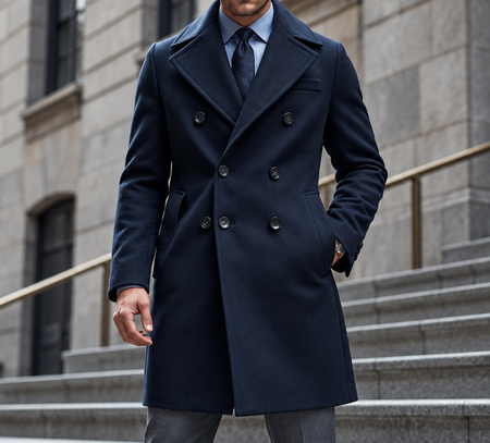 Man wearing a tailored navy double-breasted overcoat with a blue dress shirt and dark tie for a polished formal winter look.