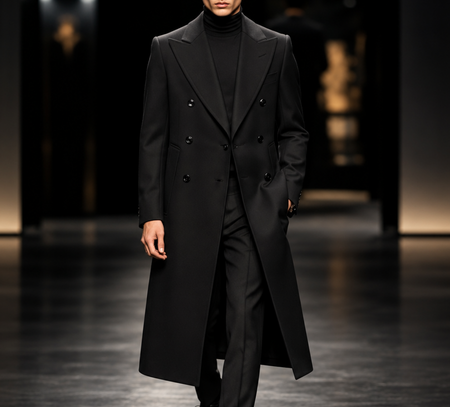 Man wearing a tailored black double-breasted long overcoat with peak lapels, styled over a black turtleneck and trousers.
