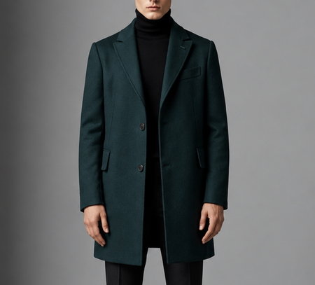 Man wearing a tailored dark green overcoat over a black turtleneck, styled for a refined cold-weather look.