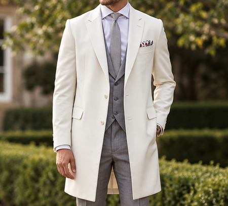 Man wearing a tailored ivory overcoat over a grey three-piece suit with a light dress shirt, grey tie, and patterned pocket square.