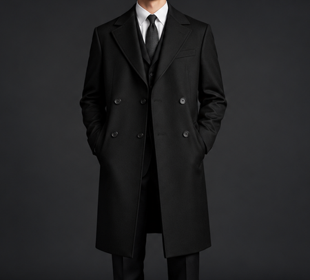 Man wearing a tailored black double-breasted overcoat over a black three-piece suit with a white dress shirt and dark tie.