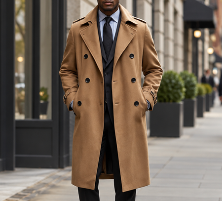 Man wearing a tailored camel double-breasted overcoat over a dark suit, styled with a dress shirt and tie.