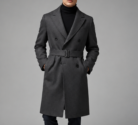 Man wearing a charcoal gray belted double-breasted overcoat over a black turtleneck for a refined formal winter look.