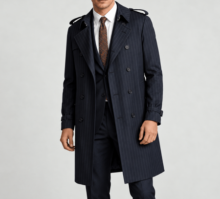 Man wearing a navy pinstripe double-breasted trench coat over a dark tailored suit with a white shirt and patterned tie.