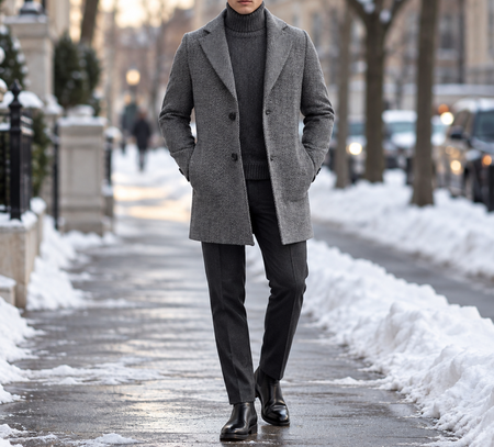 Man wearing a gray herringbone overcoat with a dark turtleneck, tailored trousers, and black boots in a winter setting.