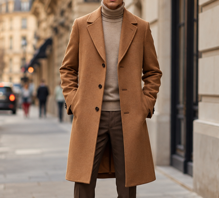 Man wearing a camel single-breasted overcoat with a beige turtleneck and brown trousers for a refined winter look.