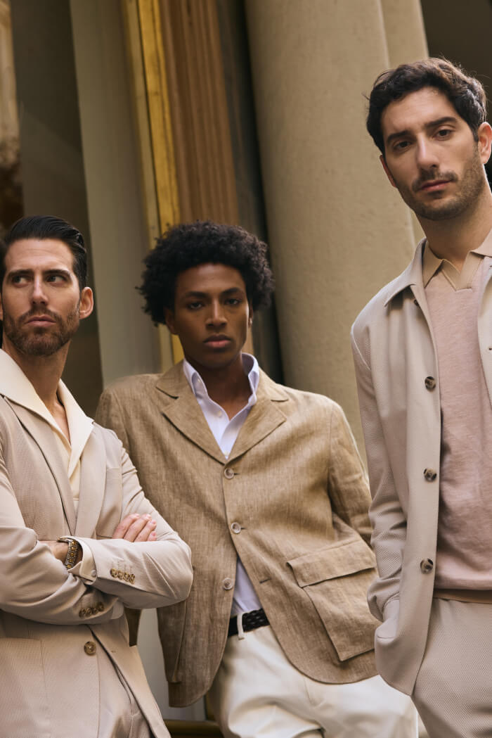 men’s neutral tone outfits with beige suits and smart casual styling group fashion look