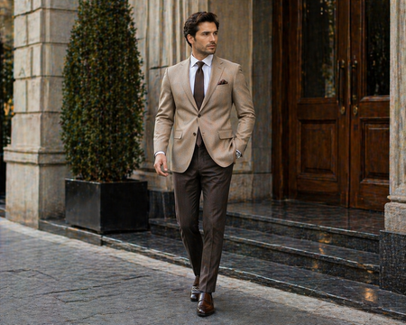 Elegant man wearing a tailored beige blazer with dark trousers and tie, showcasing sophisticated business formal menswear and modern luxury suit styling outside an upscale architectural building.
