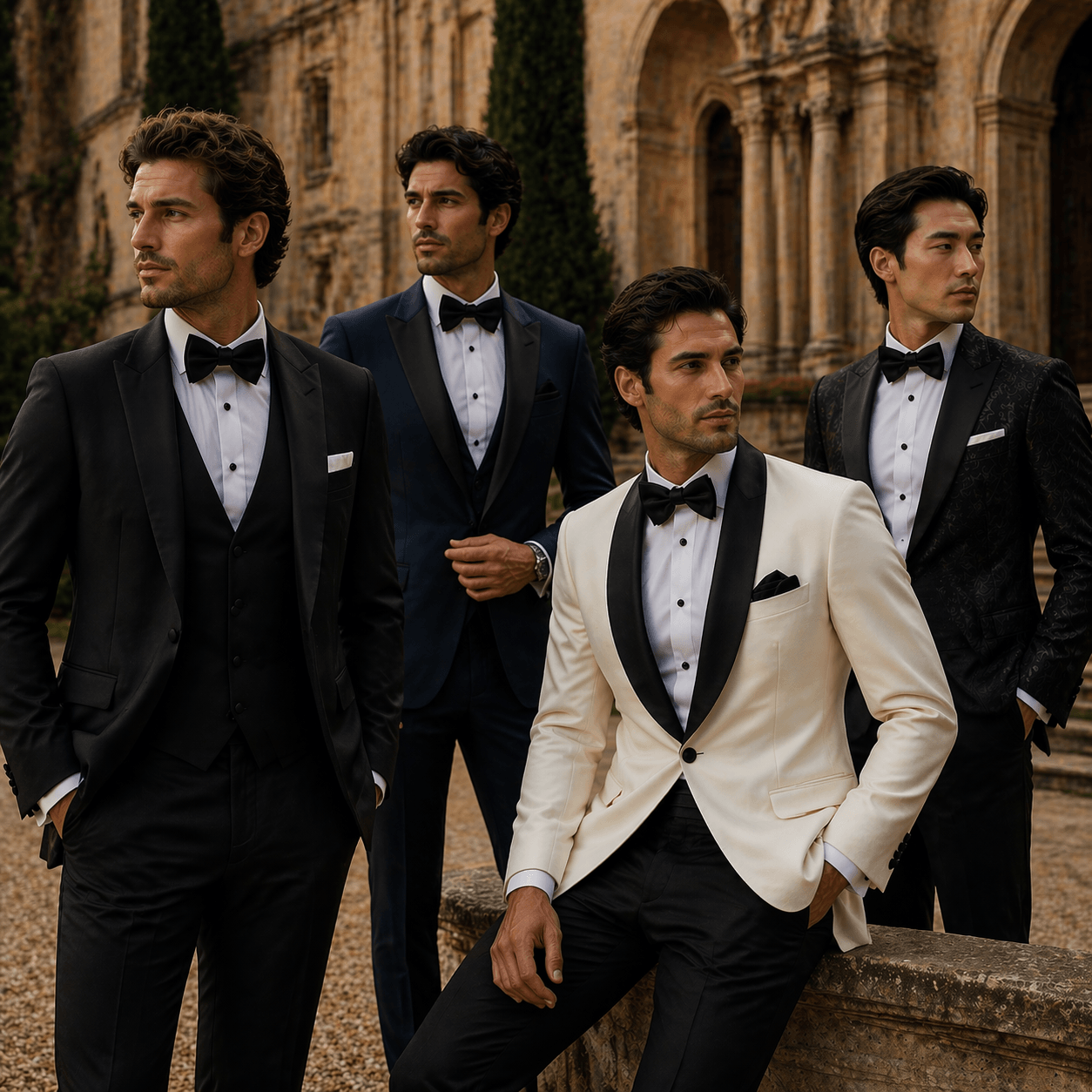 Luxury black wedding tuxedo with satin lapels and bow tie styled at an elegant lakeside Italian villa