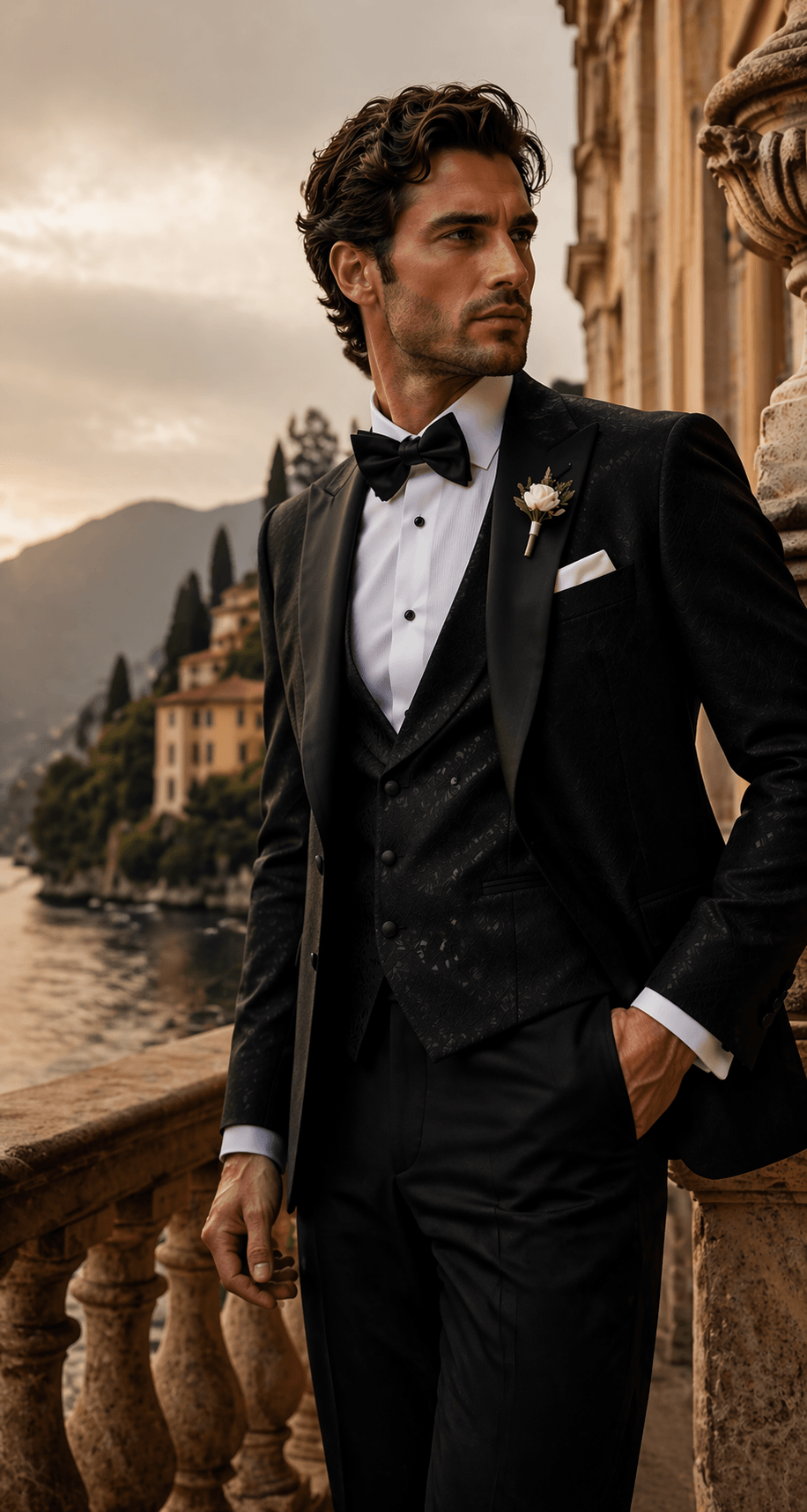 High-end groom fashion showcasing a black tuxedo in a luxury lakeside venue