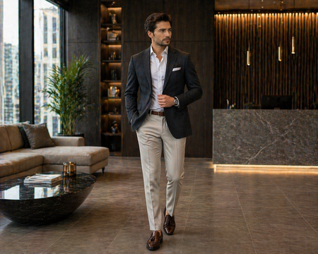 Man wearing a navy textured blazer with beige trousers and a white dress shirt in a modern luxury hotel lobby