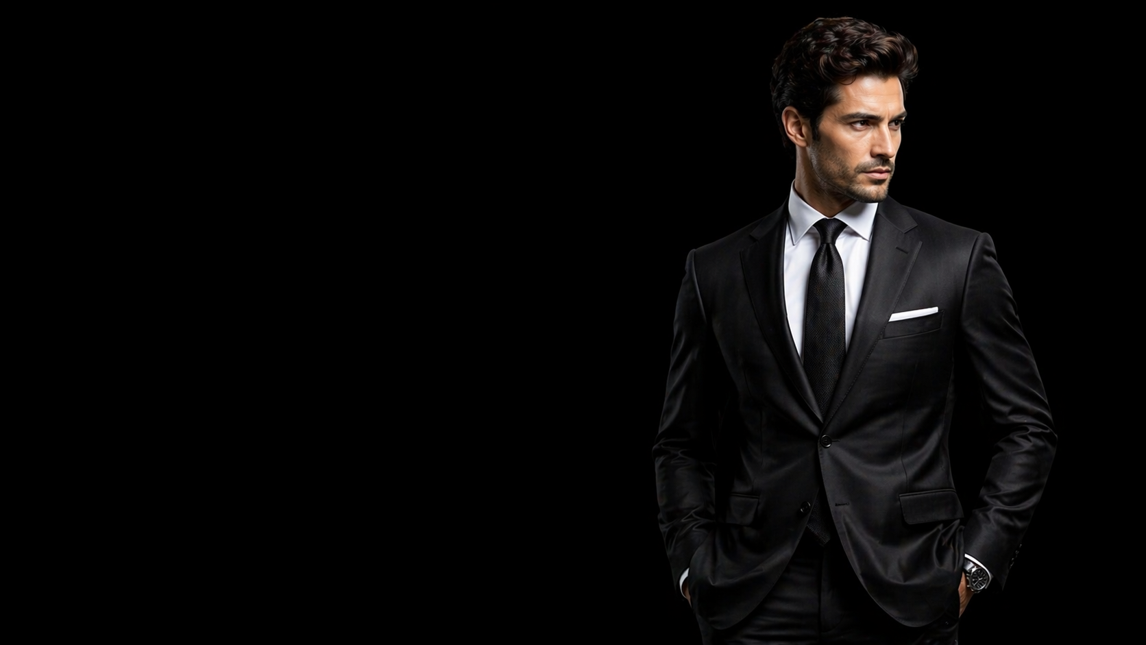 Professional man wearing a black business suit and tie against a dark background