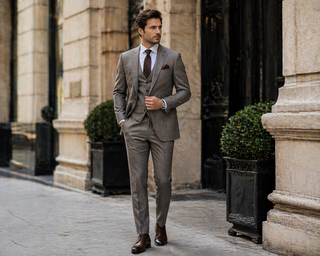 Man wearing a tailored brown three-piece suit with tie and vest in an elegant outdoor setting
