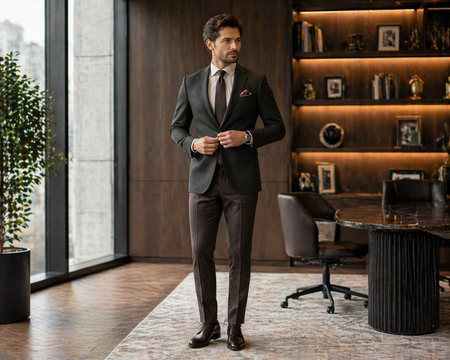 Elegant men's business suit in charcoal gray with tie, styled in a modern luxury office setting for professional formalwear inspiration.