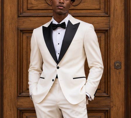 Man wearing an ivory tuxedo with contrasting black peak lapels, white formal shirt, black bow tie, and matching ivory trousers.