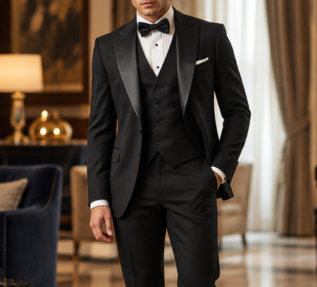 Man wearing a tailored black three-piece tuxedo with satin peak lapels, matching waistcoat, white dress shirt, and black bow tie.