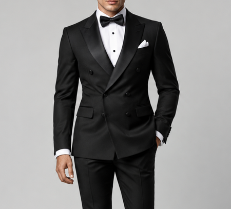 Man wearing a black double-breasted tuxedo with satin peak lapels, white dress shirt, black bow tie, and white pocket square.
