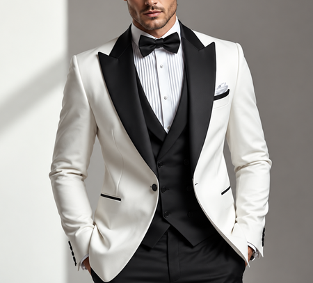 White tuxedo jacket with black satin peak lapels, black waistcoat, white pleated dress shirt, and black bow tie for formal evening wear.
