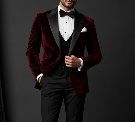 Man wearing a burgundy velvet tuxedo jacket with black satin peak lapels, black waistcoat, white dress shirt, and black bow tie.