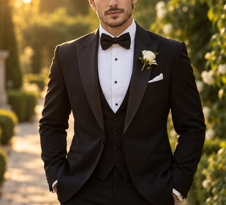 Groom wearing a tailored black three-piece wedding tuxedo with peak lapels, white pleated shirt, black bow tie, and white rose boutonniere.
