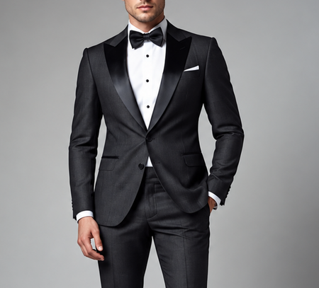 Man wearing a tailored charcoal black tuxedo with satin peak lapels, white dress shirt, black bow tie, and white pocket square.