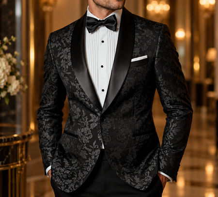 Black floral jacquard tuxedo with satin shawl lapels, white pleated dress shirt, black bow tie, and white pocket square.