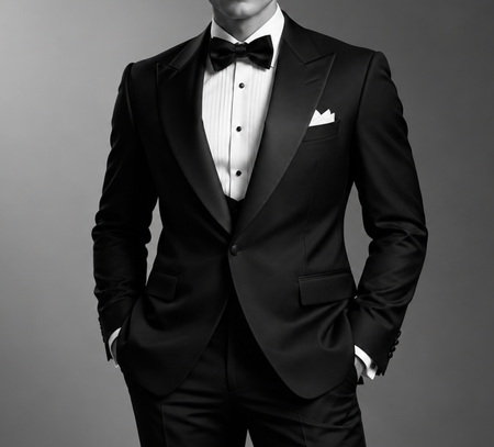 Classic black tuxedo with satin peak lapels, white pleated dress shirt, black bow tie, and white pocket square.