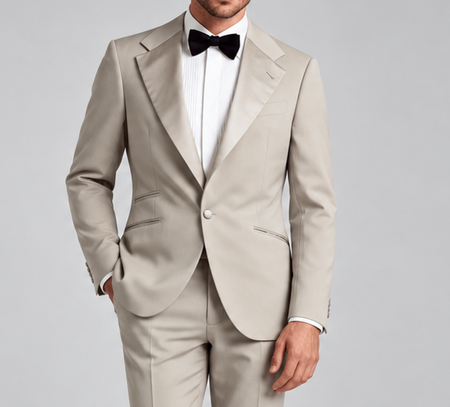 Man wearing a light beige tuxedo suit with a white pleated dress shirt and black bow tie for a formal occasion.