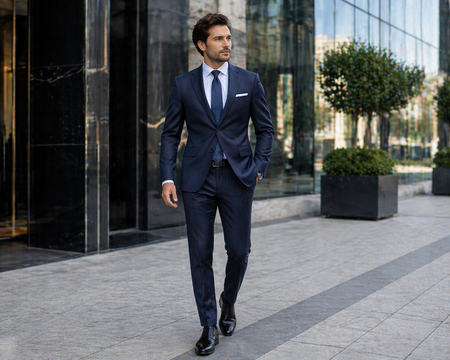Navy blue men's tailored business suit paired with a white dress shirt, patterned tie, and black leather shoes, showcasing professional corporate style.