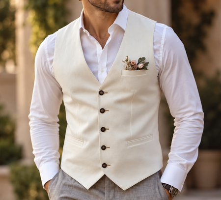 Man wearing an ivory wedding vest with a white dress shirt and floral pocket detail for an elegant formal wedding look.