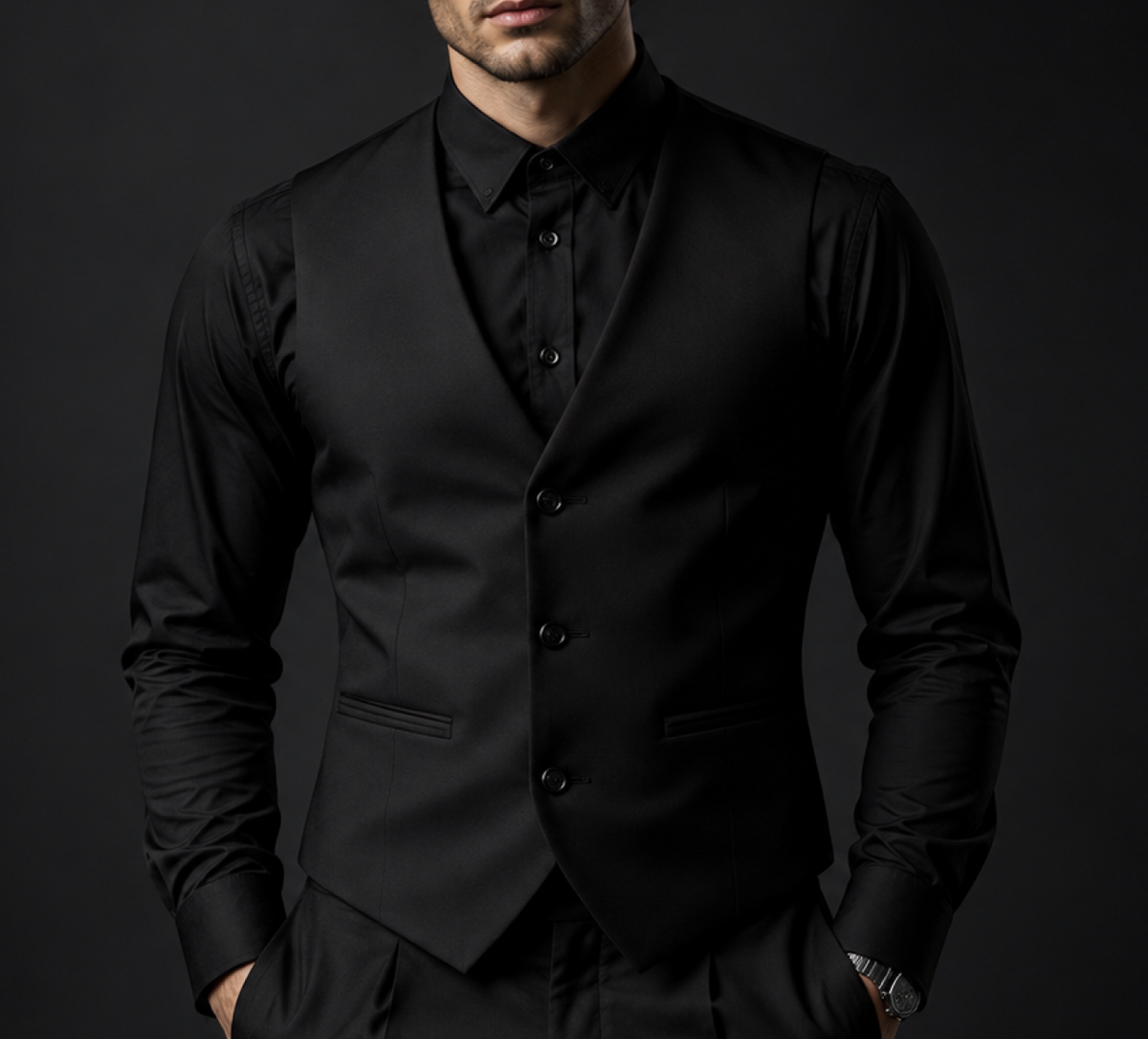 Man wearing a tailored black formal vest over a black dress shirt for a sleek monochrome evening look.