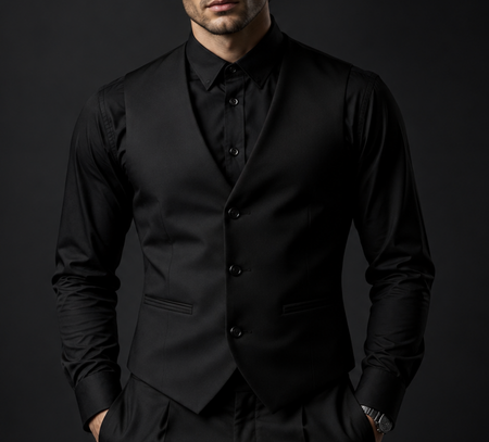 Man wearing a tailored black formal vest over a black dress shirt for a sleek monochrome evening look.