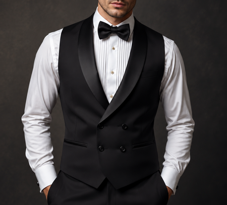 Man wearing a black double-breasted tuxedo vest with satin shawl lapels, white pleated dress shirt, and black bow tie.