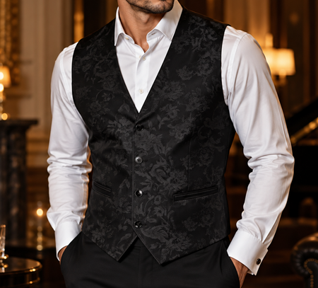Man wearing a black floral-pattern formal vest with a crisp white dress shirt, styled for an elegant evening look.
