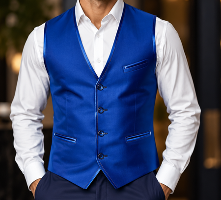 Man wearing a royal blue formal vest with satin trim over a crisp white dress shirt.