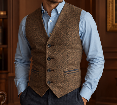 Man wearing a brown herringbone tweed vest with a light blue dress shirt for a refined smart-casual look.