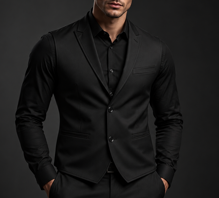 Man wearing a tailored black single-breasted vest with lapels over a black dress shirt for a sleek formal look.