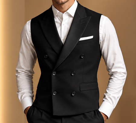 Man wearing a tailored black double-breasted vest with peak lapels over a crisp white dress shirt for a formal look.