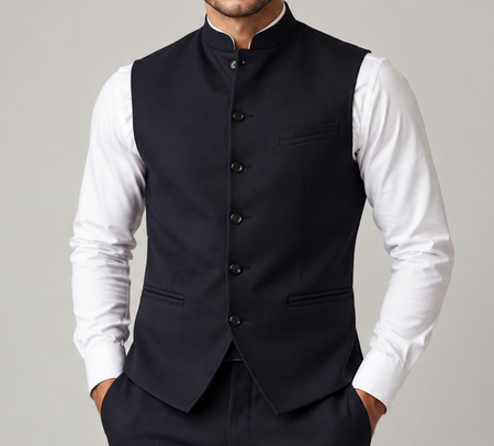Man wearing a tailored navy mandarin collar vest over a crisp white dress shirt for a refined formal look.
