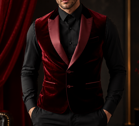 Man wearing a burgundy velvet vest with satin lapels over a black dress shirt for an elegant formal evening look.