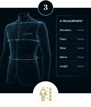 Digital tailoring technology showing AI-generated garment measurements and fit analysis