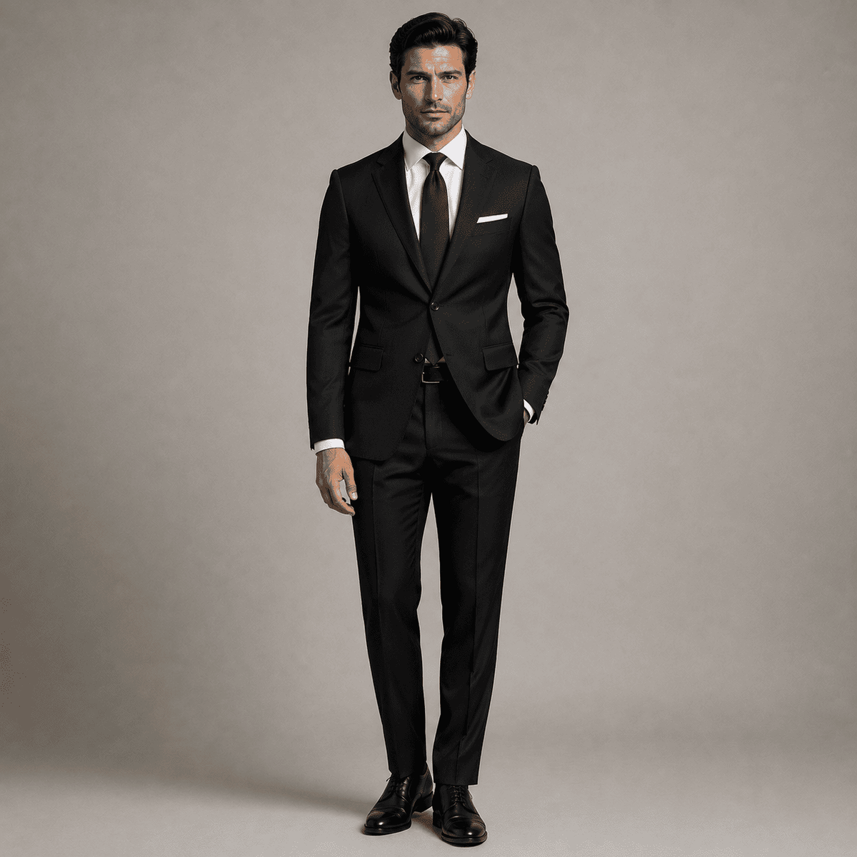 Full-body portrait of a man wearing a tailored black business suit with a crisp white dress shirt, black silk tie, white pocket square, and polished black Oxford shoes, showcasing premium custom tailoring and executive formalwear.