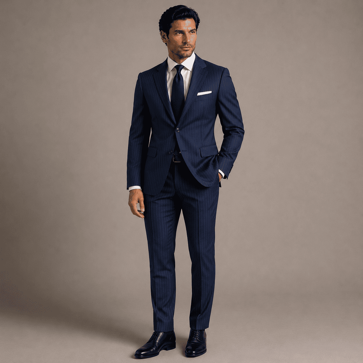 Full-body portrait of a man wearing a tailored navy pinstripe business suit with a white dress shirt, textured navy tie, white pocket square, black Oxford shoes, and premium executive tailoring.