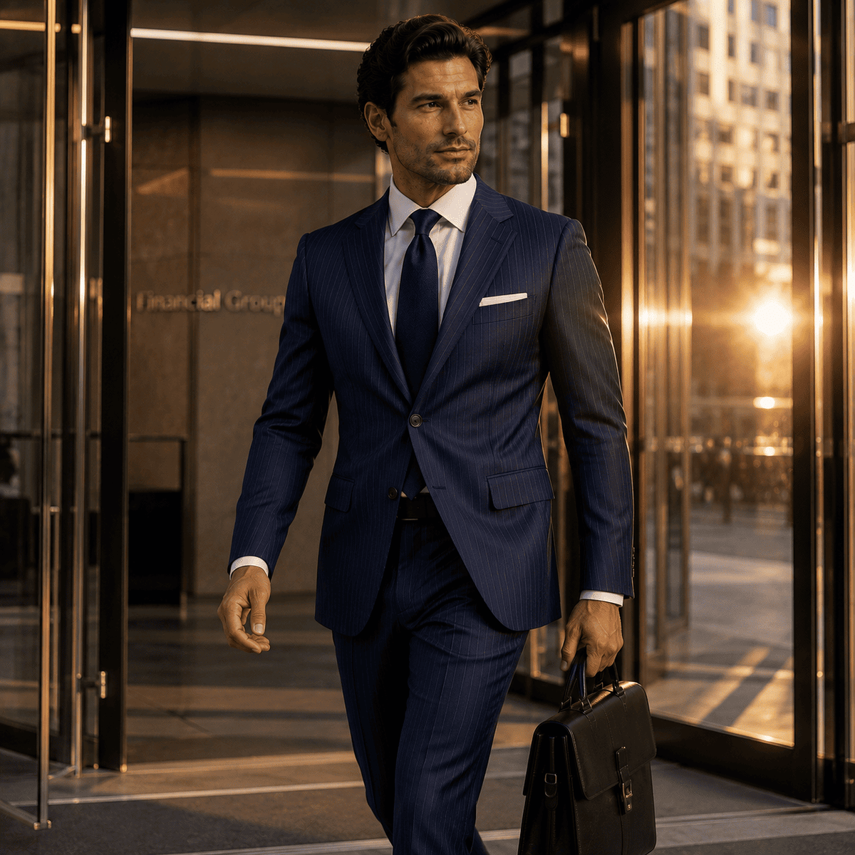 Man wearing a tailored navy pinstripe business suit with a white dress shirt, navy tie, black leather briefcase, and premium formal styling outside a modern office building at golden hour.