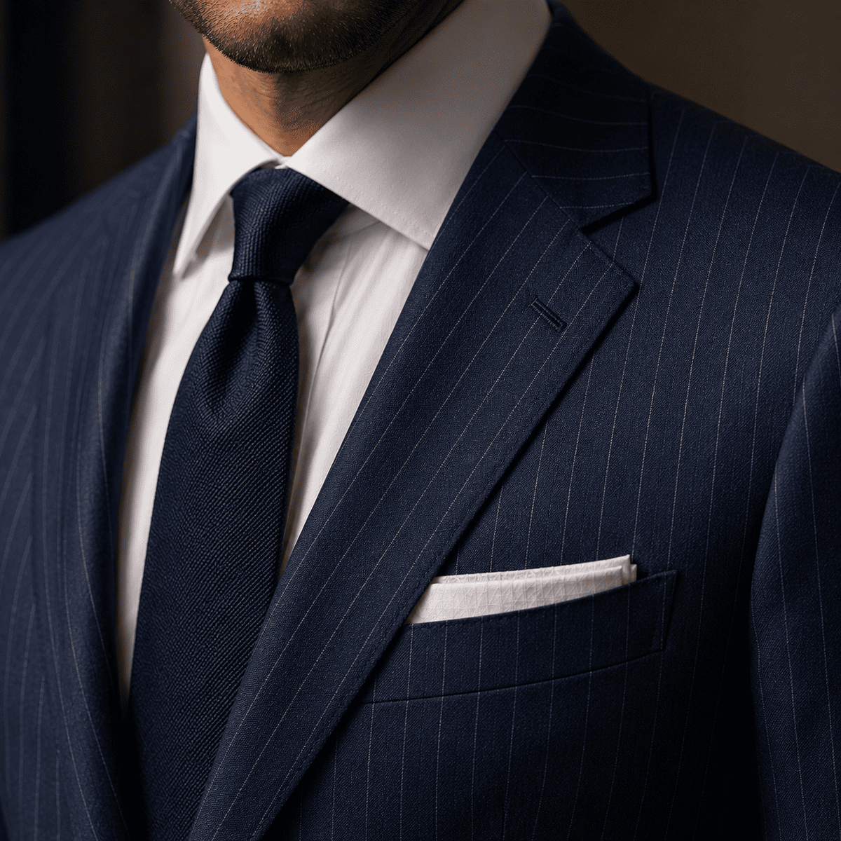 Close-up of a navy pinstripe tailored suit featuring a white dress shirt, textured navy tie, notch lapel, white pocket square, and premium wool fabric with luxury men's tailoring details.