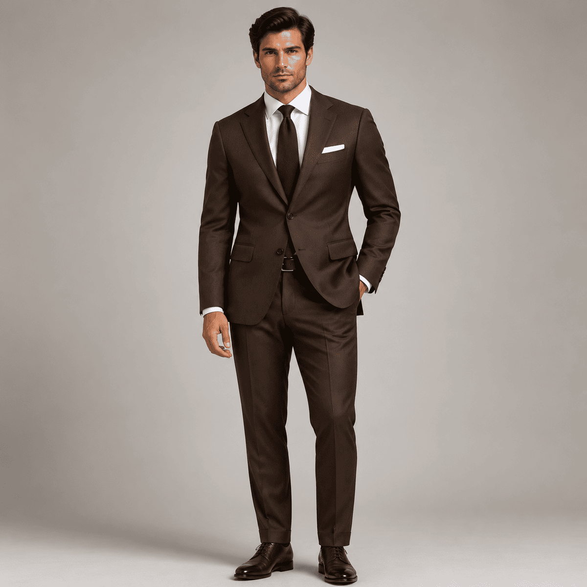Full-body front view of a man wearing a tailored brown plain suit with a matching brown silk tie, crisp white dress shirt, white pocket square, and brown leather Oxford shoes, showcasing luxury custom tailoring and timeless executive business style.