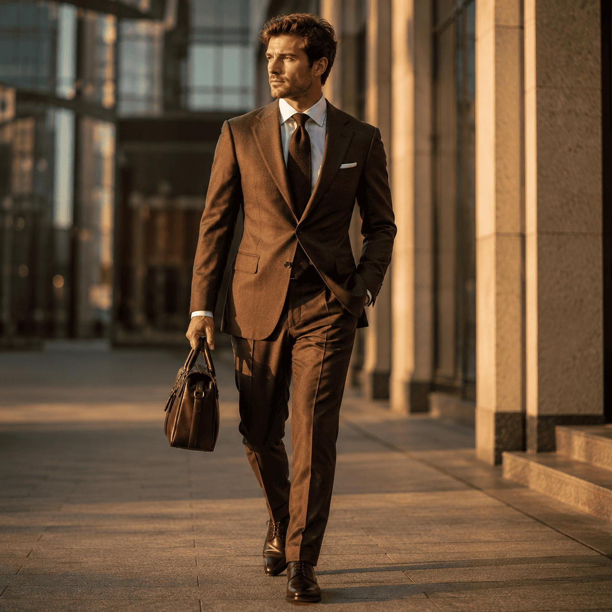 Professional businessman wearing a tailored brown plain suit with a matching brown silk tie, crisp white dress shirt, white pocket square, and brown leather Oxford shoes while walking through a modern business district, showcasing luxury custom tailoring and timeless executive style.