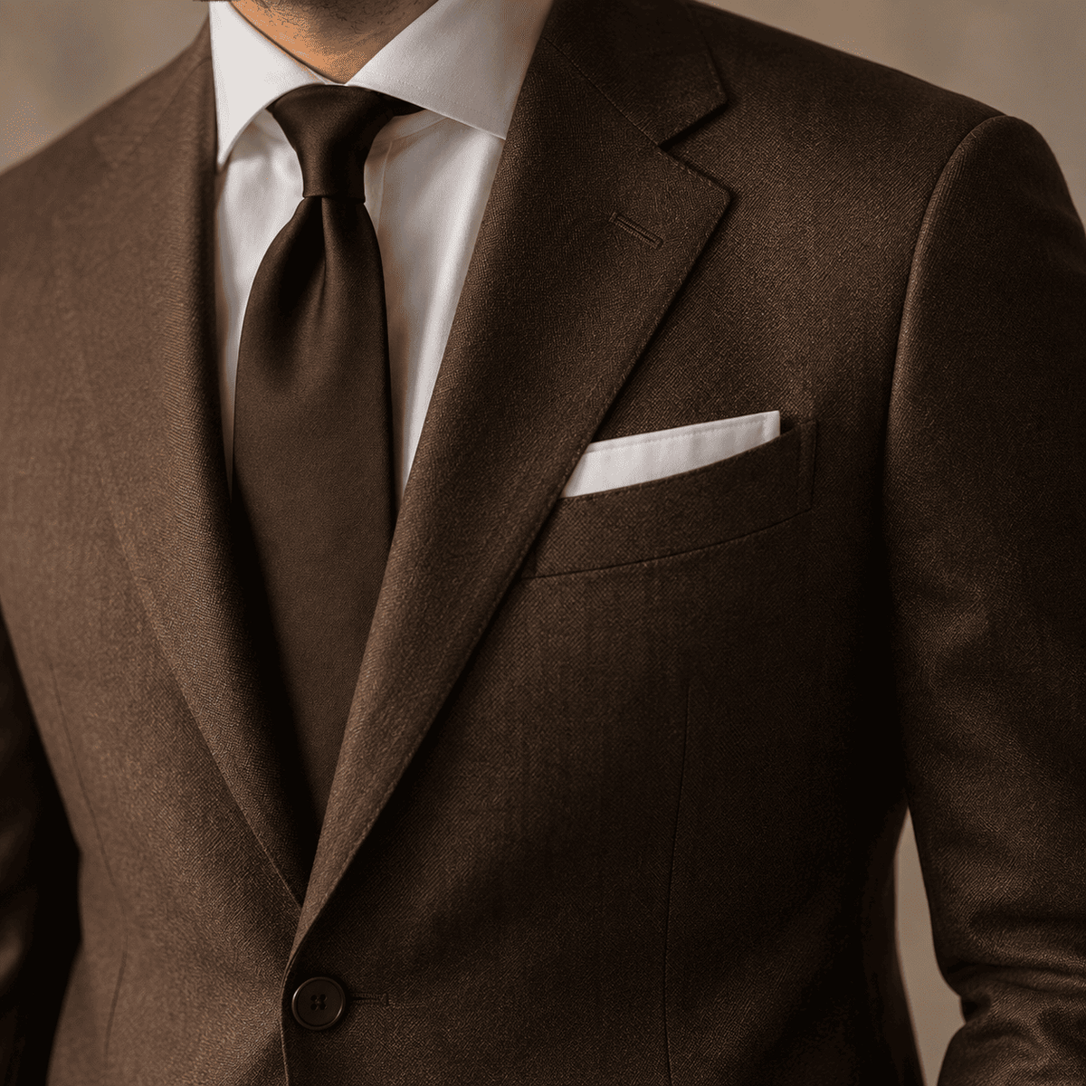 Close-up detail of a tailored brown plain suit featuring a matching brown silk tie, crisp white dress shirt, white pocket square, and premium fabric texture, showcasing luxury custom tailoring and timeless menswear craftsmanship.