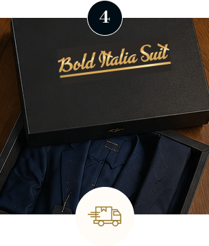 Premium Italian suit packaged in a luxury gift box with delivery service icon